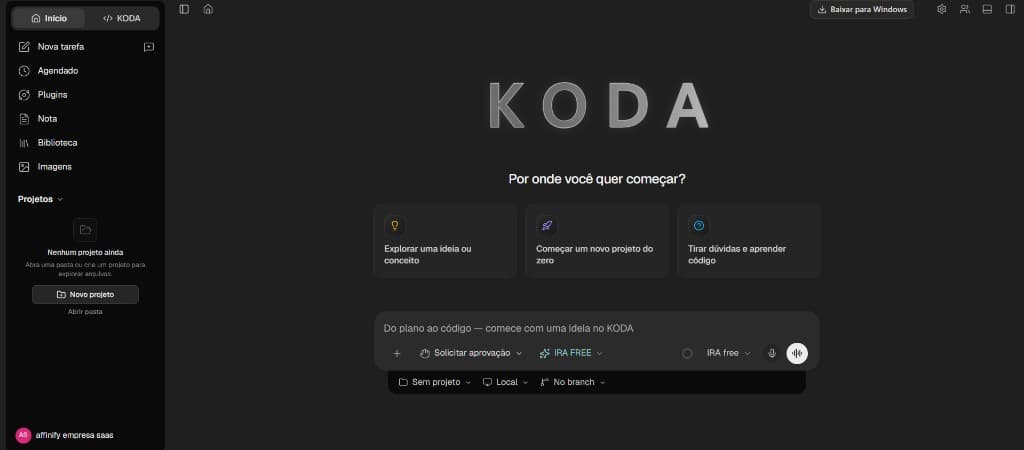 Demonstração estática da interface KODA: painel do agente, editor com diff e terminal com testes.